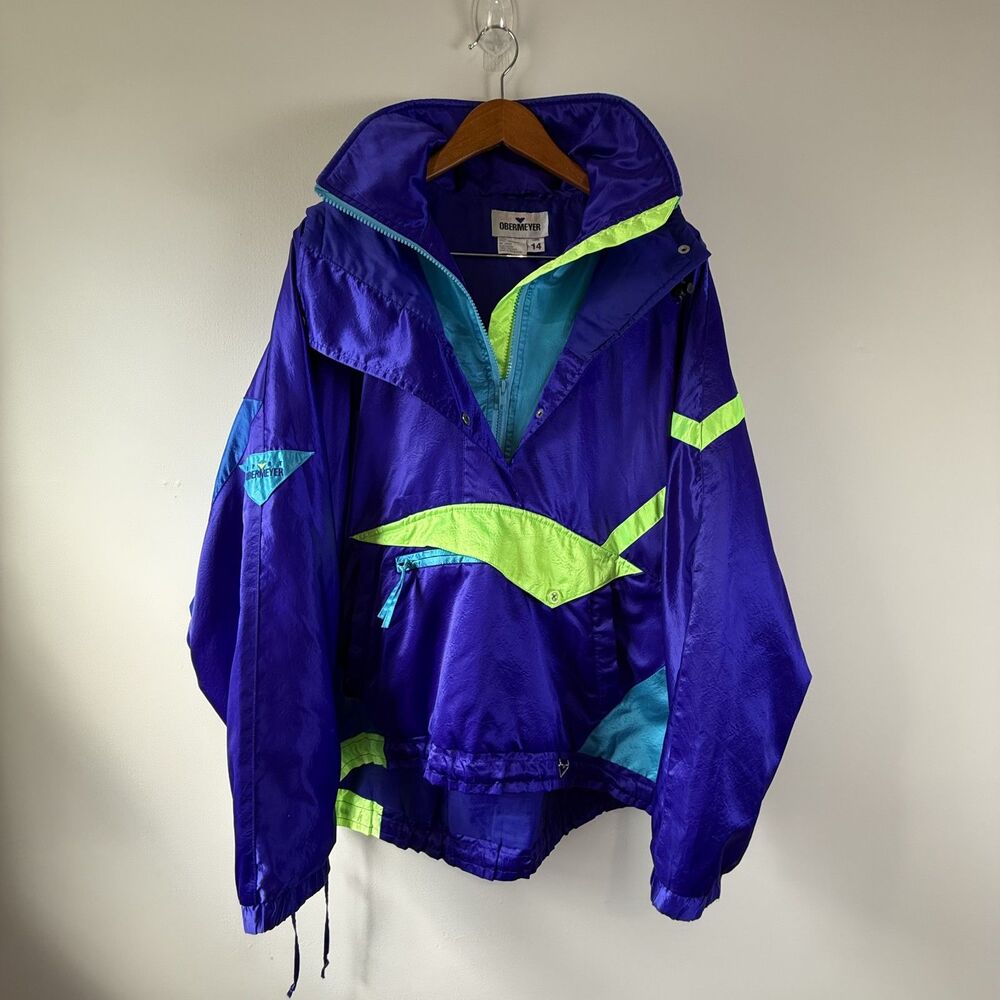 Vintage 90s Obermeyer Retro Ski Jacket Colorblock Neon Purple Teal Hooded